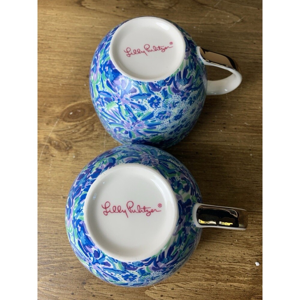 Lilly Pulitzer Ceramic Coffee Tea Cup Mug Set of 2 Blue White Tiger Lily Floral - Picture 8 of 10